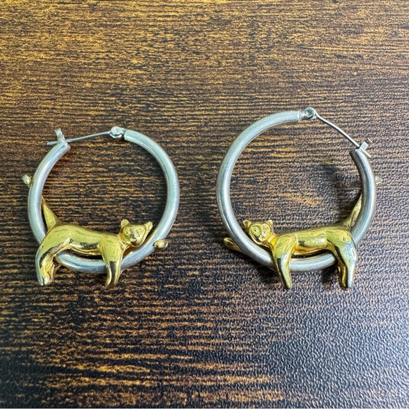 Vintage Cat Hoop Earrings Gold and Silver Tone - Picture 3 of 8